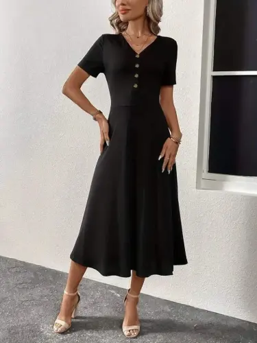 Women's Short Sleeve V-Neck Button-Down Slit Midi Viscose Dress - 5