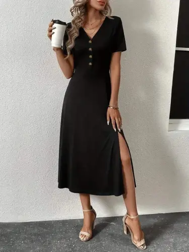 Women's Short Sleeve V-Neck Button-Down Slit Midi Viscose Dress - 6