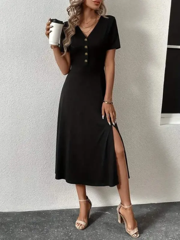 Women's Short Sleeve V-Neck Button-Down Slit Midi Viscose Dress - 6