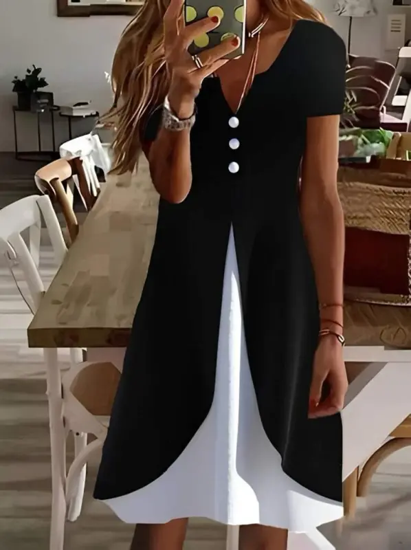 Women's Short Sleeve V-Neck Button-Down Two-Tone Viscose Dress - 1