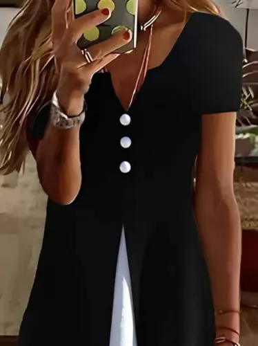 Women's Short Sleeve V-Neck Button-Down Two-Tone Viscose Dress - BÜYÜKBEDENIZ (1)