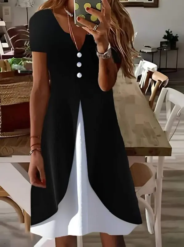 Women's Short Sleeve V-Neck Button-Down Two-Tone Viscose Dress - 3