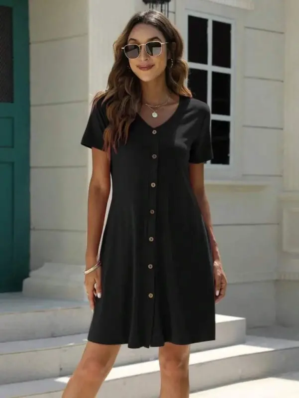 Women's Short Sleeve V-Neck Button-Down Viscose Dress - 4