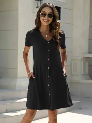 Women's Short Sleeve V-Neck Button-Down Viscose Dress - 5
