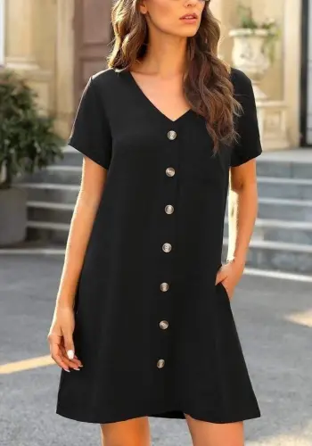 Women's Short Sleeve V-Neck Button-Down Viscose Dress - 9