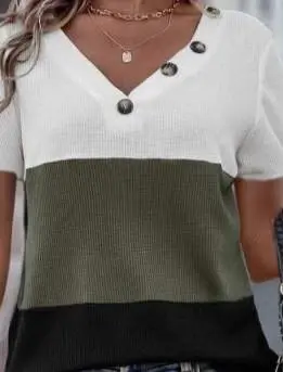 Women's Short Sleeve V Neck Button Down Waffle Knit Top - BÜYÜKBEDENIZ (1)