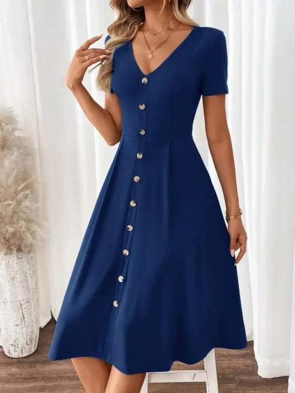 Women's Short Sleeve V-Neck Button-Front A-Line Woven Dress - BÜYÜKBEDENIZ