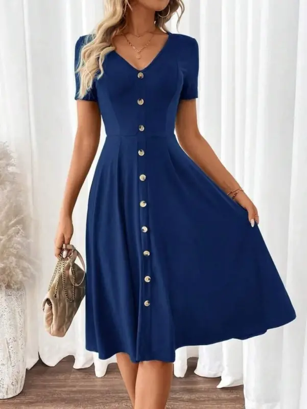 Women's Short Sleeve V-Neck Button-Front A-Line Woven Dress - 2