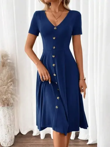 Women's Short Sleeve V-Neck Button-Front A-Line Woven Dress - 3