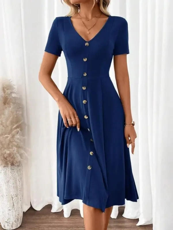 Women's Short Sleeve V-Neck Button-Front A-Line Woven Dress - 3