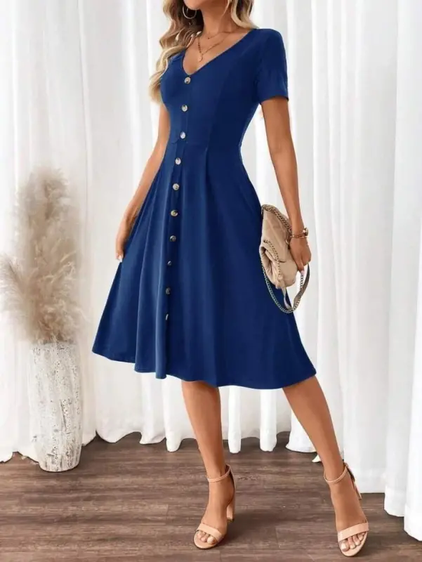 Women's Short Sleeve V-Neck Button-Front A-Line Woven Dress - 5