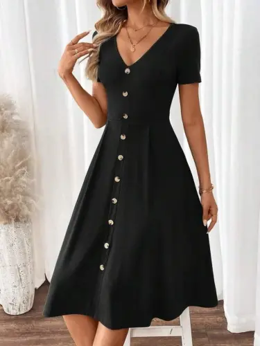 Women's Short Sleeve V Neck Button Front A Line Woven Dress - 1