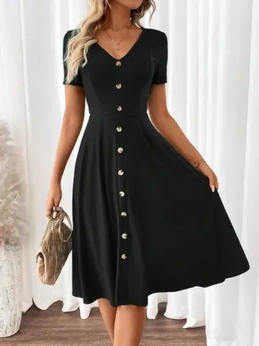 Women's Short Sleeve V Neck Button Front A Line Woven Dress - 2