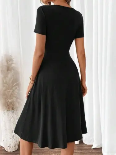 Women's Short Sleeve V Neck Button Front A Line Woven Dress - 3