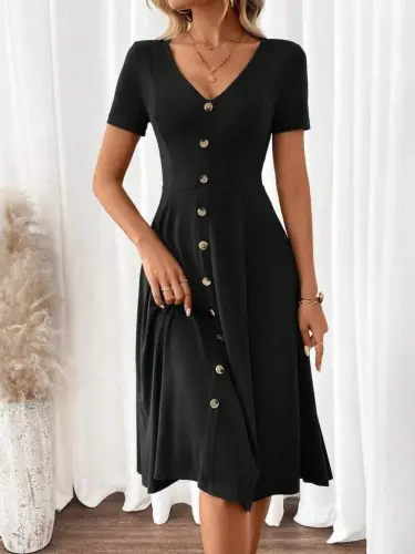 Women's Short Sleeve V Neck Button Front A Line Woven Dress - 5