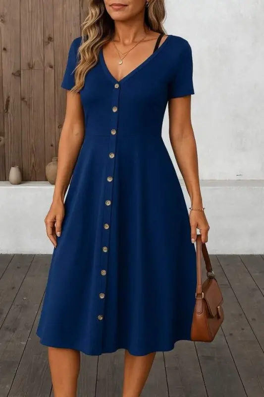 Women's Short Sleeve V Neck Button Front A-Line Woven Dress - BÜYÜKBEDENIZ