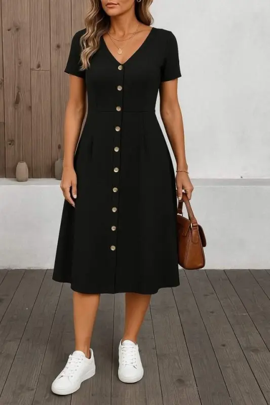 Women's Short Sleeve V Neck Button Front A-Line Woven Dress - BÜYÜKBEDENIZ