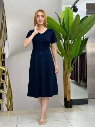 Women's Short Sleeve V Neck Button Front A-Line Woven Dress - 1