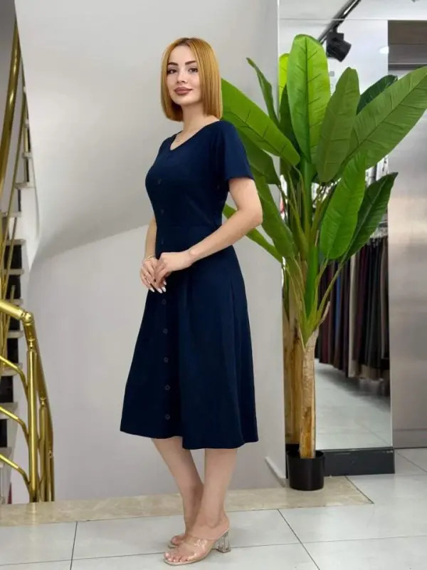 Women's Short Sleeve V Neck Button Front A-Line Woven Dress - 2