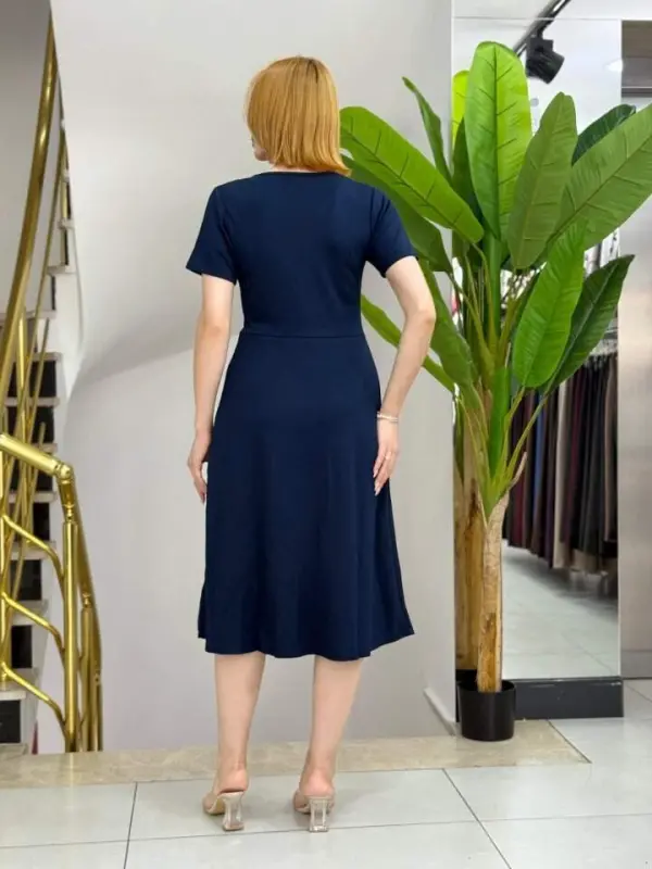 Women's Short Sleeve V Neck Button Front A-Line Woven Dress - 3