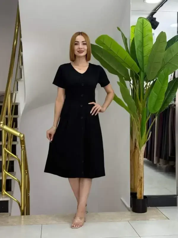 Women's Short Sleeve V Neck Button Front A-Line Woven Dress - BÜYÜKBEDENIZ