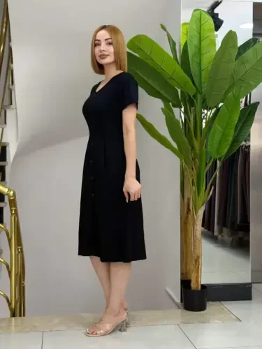 Women's Short Sleeve V Neck Button Front A-Line Woven Dress - BÜYÜKBEDENIZ (1)