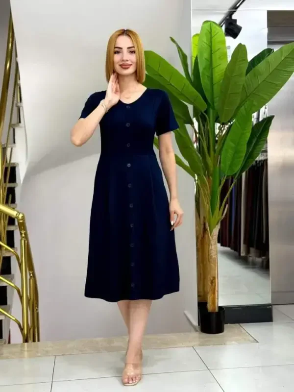 Women's Short Sleeve V Neck Button Front A-Line Woven Dress - 3