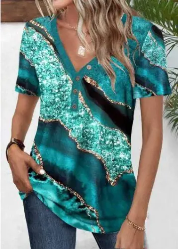 Women's Short Sleeve V-Neck Button-Front Printed Supreme Blouse - 3