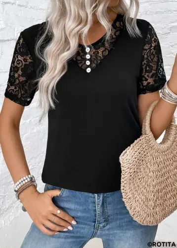 Women's Short Sleeve V-Neck Button-Front Viscose Blouse - 1