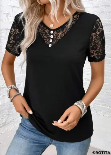 Women's Short Sleeve V-Neck Button-Front Viscose Blouse - BÜYÜKBEDENIZ (1)