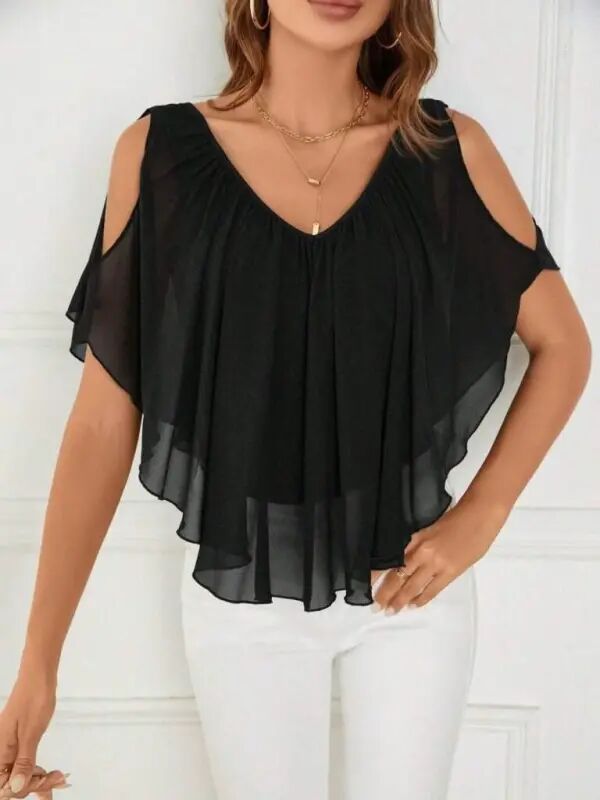 Women's Short Sleeve V-Neck Cold Shoulder Slouchy Chiffon Blouse - 2