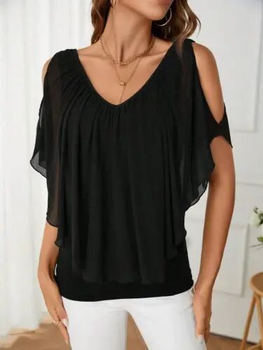Women's Short Sleeve V-Neck Cold Shoulder Slouchy Chiffon Blouse - 3