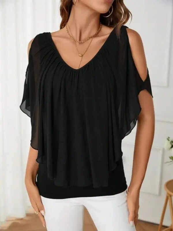 Women's Short Sleeve V-Neck Cold Shoulder Slouchy Chiffon Blouse - 3