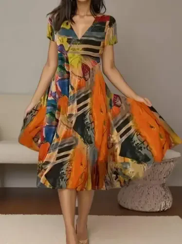 Women's Short Sleeve V Neck Colorful Mixed Pattern Flared Süprem Midi Dress - 1