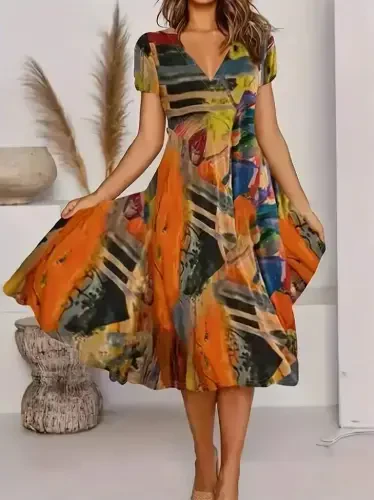 Women's Short Sleeve V Neck Colorful Mixed Pattern Flared Süprem Midi Dress - 3