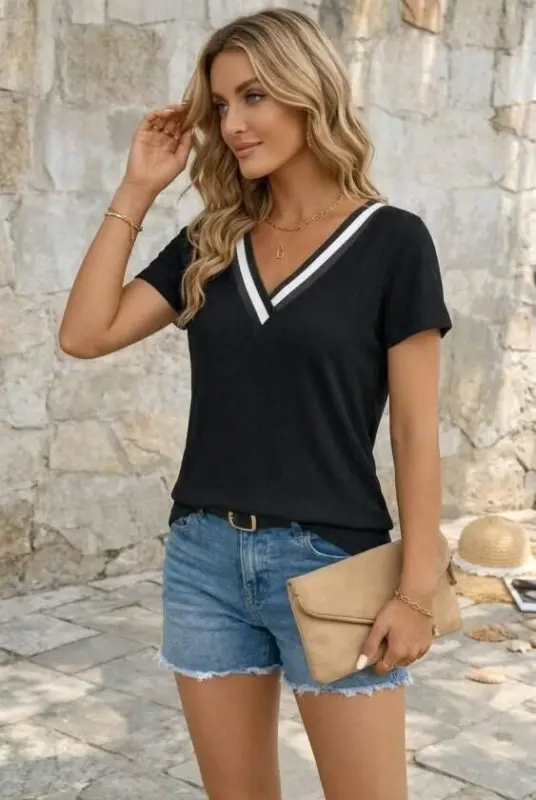 Women's Short Sleeve V-Neck Crinkle Blouse - 2