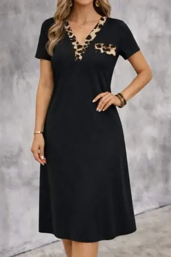 Women's Short Sleeve V-Neck Decorative Pocket Detail Viscose Midi Dress - 1