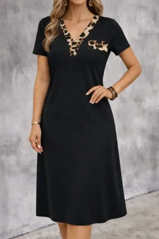 Women's Short Sleeve V-Neck Decorative Pocket Detail Viscose Midi Dress - BÜYÜKBEDENIZ