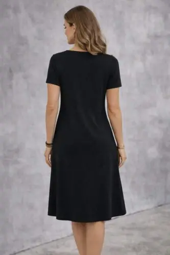 Women's Short Sleeve V-Neck Decorative Pocket Detail Viscose Midi Dress - 3