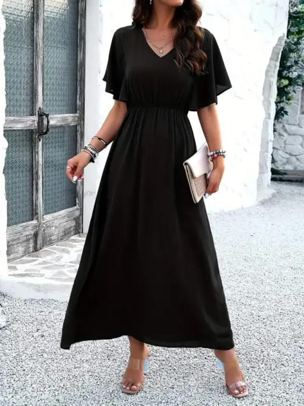 Women's Short Sleeve V-Neck Elastic Waist Long Viscose Dress - 1