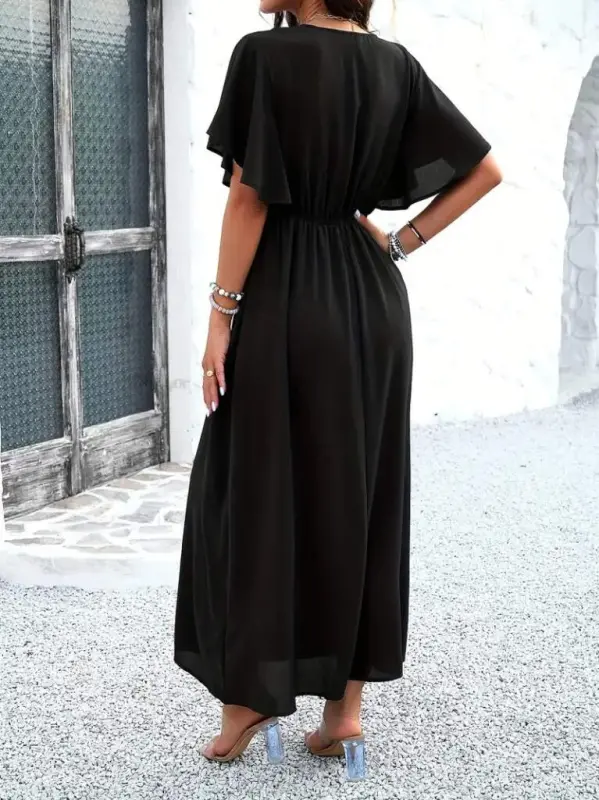 Women's Short Sleeve V-Neck Elastic Waist Long Viscose Dress - 2