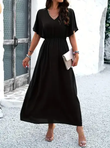 Women's Short Sleeve V-Neck Elastic Waist Long Viscose Dress - 4