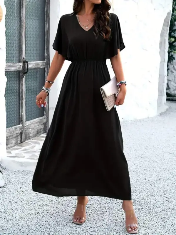 Women's Short Sleeve V-Neck Elastic Waist Long Viscose Dress - 4