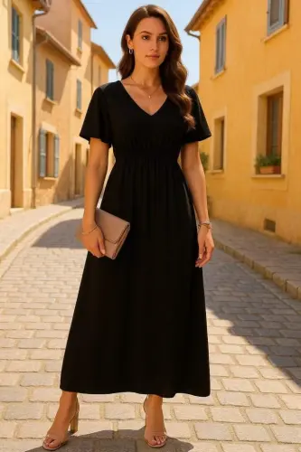 Women's Short Sleeve V-Neck Elastic Waist Long Viscose Dress - 8