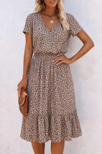 Women's Short Sleeve V-Neck Elastic Waist Midi Jersey Dress - BÜYÜKBEDENIZ (1)