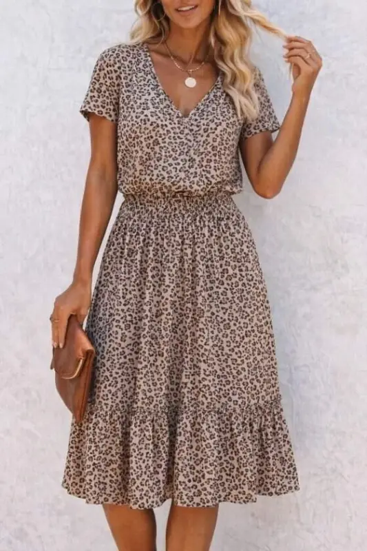 Women's Short Sleeve V-Neck Elastic Waist Midi Jersey Dress - 3