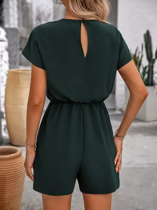 Women's Short Sleeve V-Neck Elastic Waist Short Imported Crepe Jumpsuit - 2