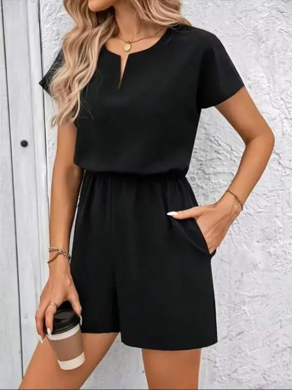Women's Short Sleeve V-Neck Elastic Waist Short Imported Crepe Jumpsuit - 4