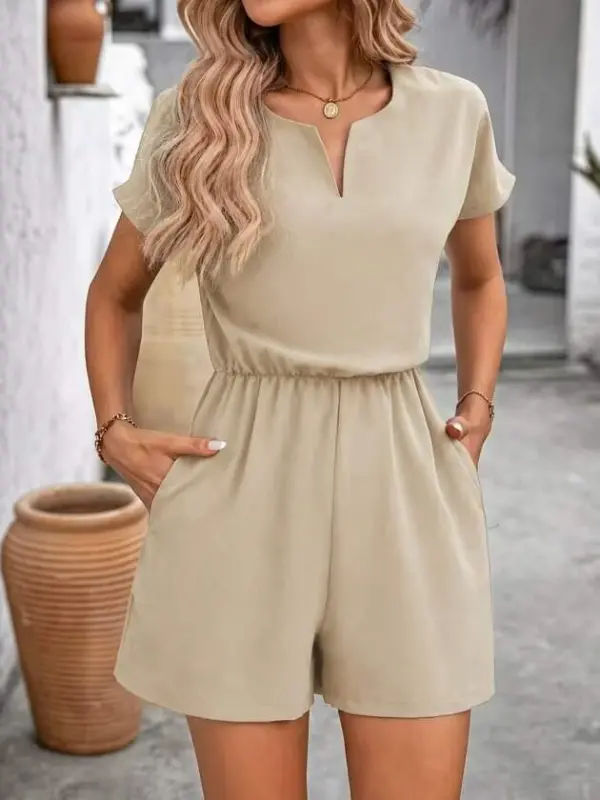 Women's Short Sleeve V-Neck Elastic Waist Short Imported Crepe Jumpsuit - BÜYÜKBEDENIZ