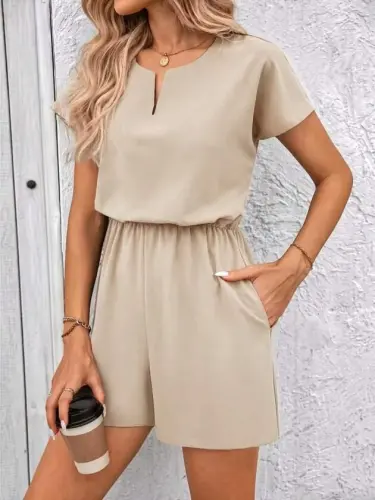 Women's Short Sleeve V-Neck Elastic Waist Short Imported Crepe Jumpsuit - BÜYÜKBEDENIZ (1)